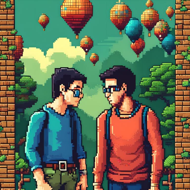 Pixel Art,Pixel Art, People, man, multiple boys, 2boys, black hair, male focus, glasses, shirt, belt