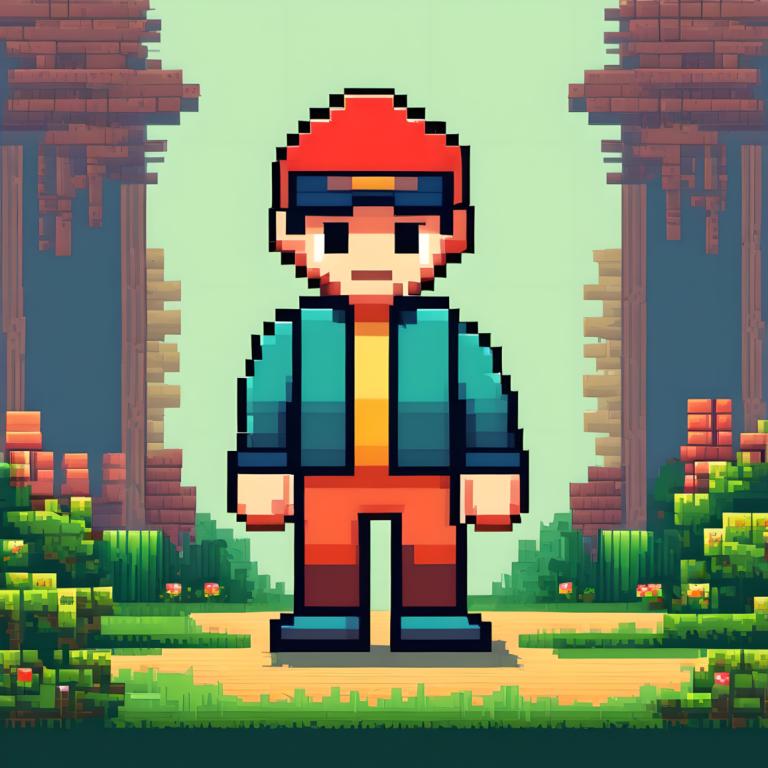 Pixel Art,Pixel Art, People, man, 1boy, solo, male focus, grass, standing, outdoors, hat, bush, jacket, shoes