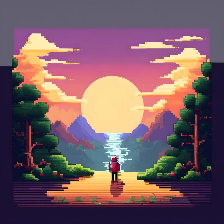 Pixel Art,Pixel Art, People, man, tree, hat, 1boy, solo, outdoors, male focus, cloud, sun, standing, grass