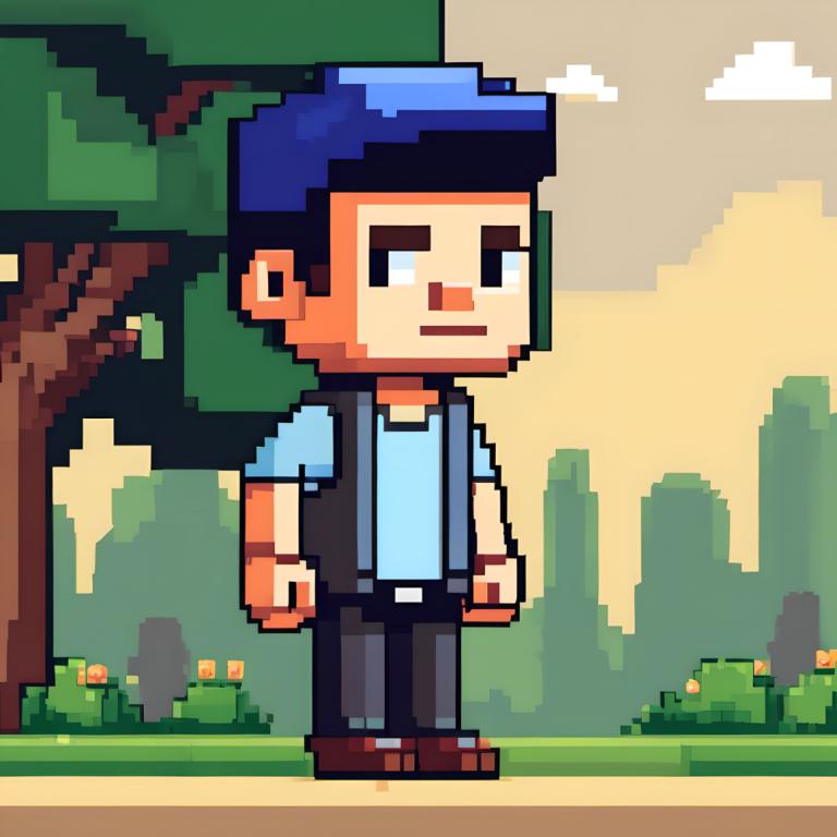 Pixel Art,Pixel Art, People, man, 1boy, tree, male focus, outdoors, solo, shirt, brown footwear, backpack