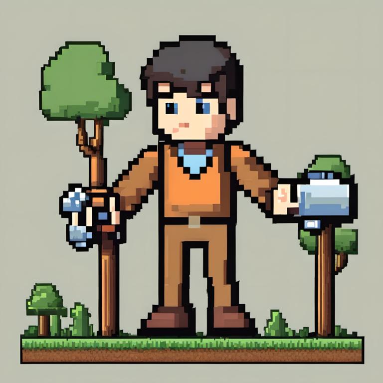 Pixel Art,Pixel Art, People, man, 1boy, male focus, solo, blue eyes, holding, grey background, grass