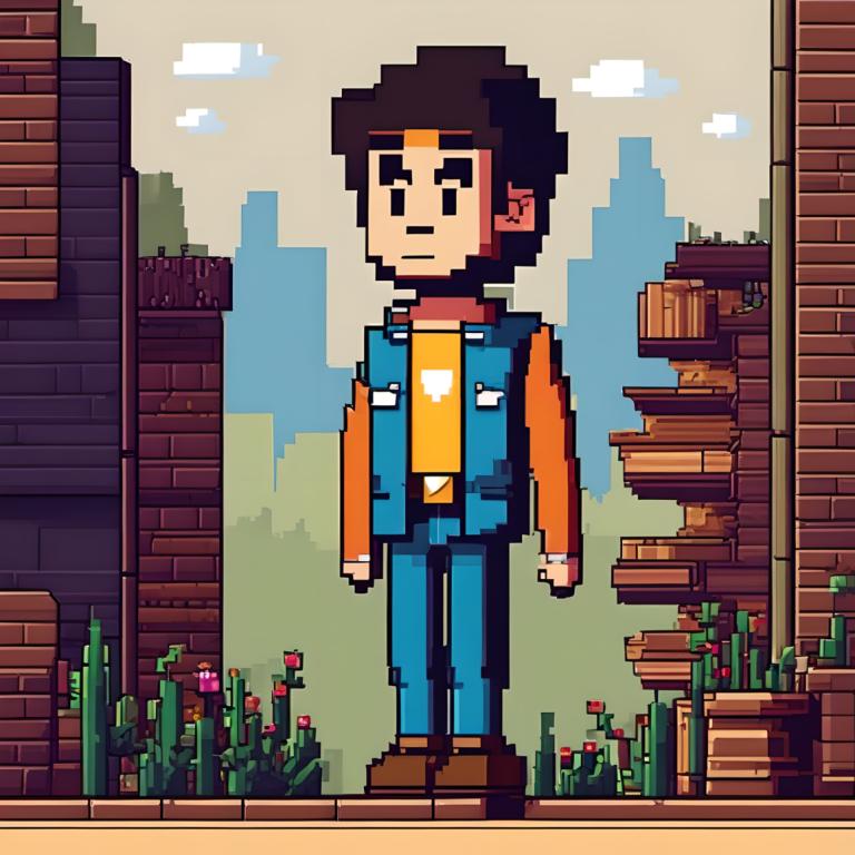 Pixel Art,Pixel Art, People, man, 1boy, solo, male focus, vest, facial hair, brown footwear, shirt, flower