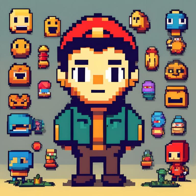 Pixel Art,Pixel Art, People, man, 1boy, red headwear, standing, male focus, black hair, black eyes, jacket