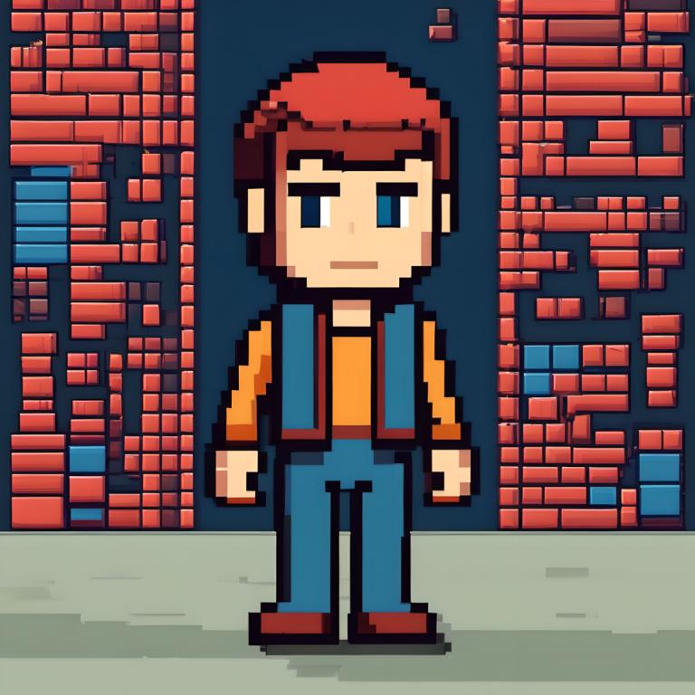 Pixel Art,Pixel Art, People, man, 1boy, solo, male focus, facial hair, blue eyes, vest, brick wall