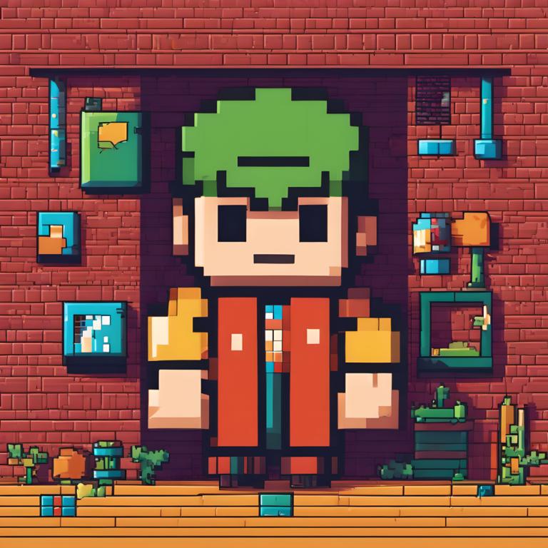 Pixel Art,Pixel Art, People, man, 1boy, brick wall, male focus, solo, green hair, standing, brick, black eyes