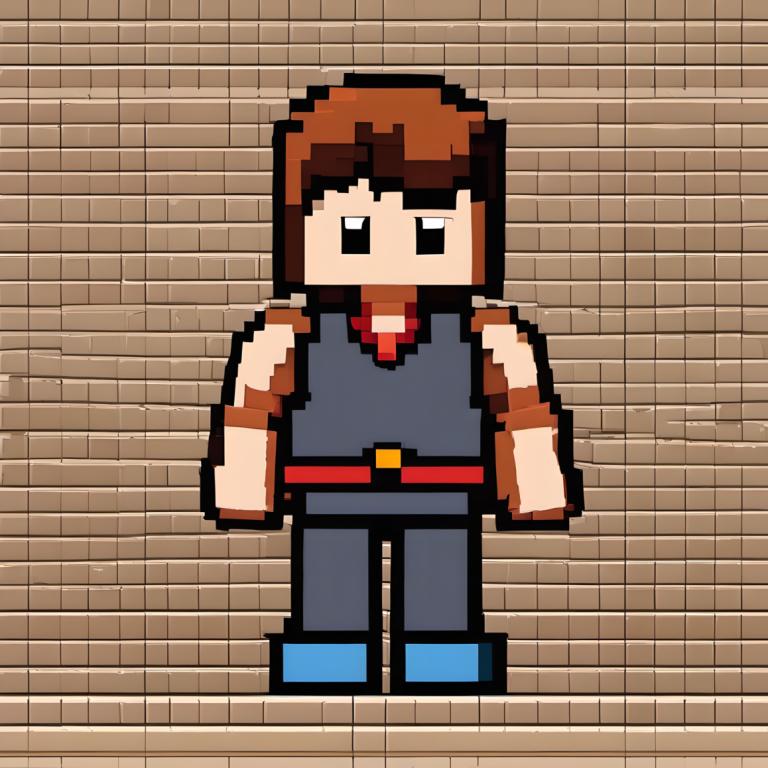 Pixel Art,Pixel Art, People, man, brown hair, solo, male focus, 1boy, shirt, red shirt, pants, no mouth, belt