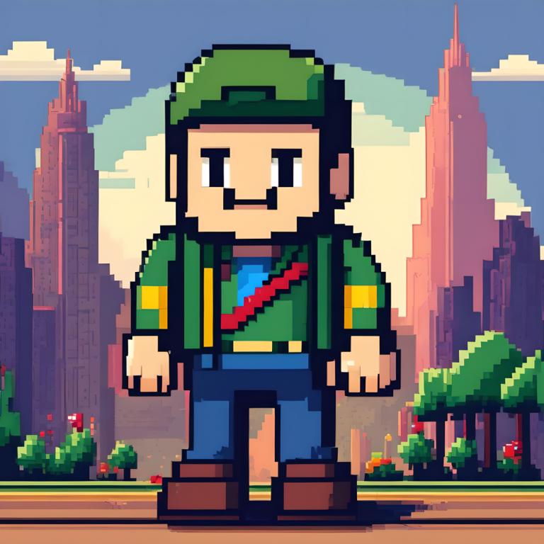 Pixel Art,Pixel Art, People, man, 1boy, male focus, facial hair, brown footwear, solo, green headwear