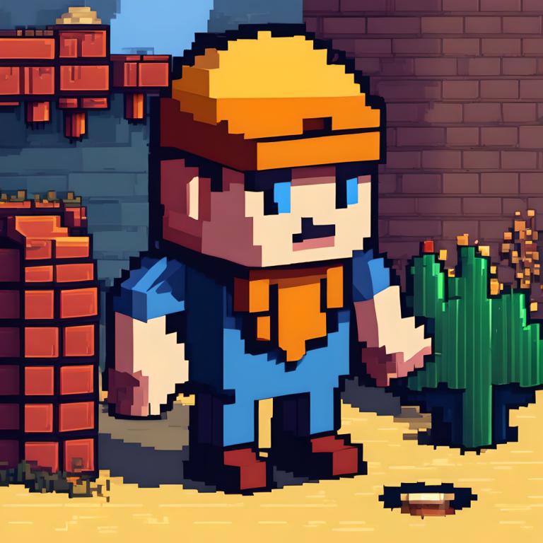 Pixel Art,Pixel Art, People, man, 1boy, male focus, overalls, blue eyes, facial hair, solo, brick wall, mario