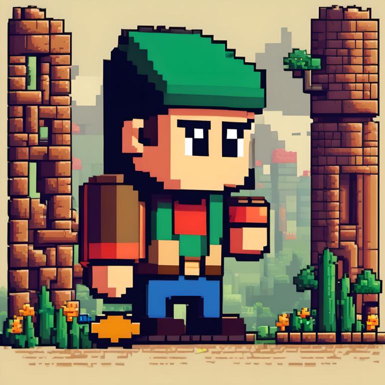 Pixel Art,Pixel Art, People, man, 1boy, shirt, male focus, green headwear, red shirt, brown footwear