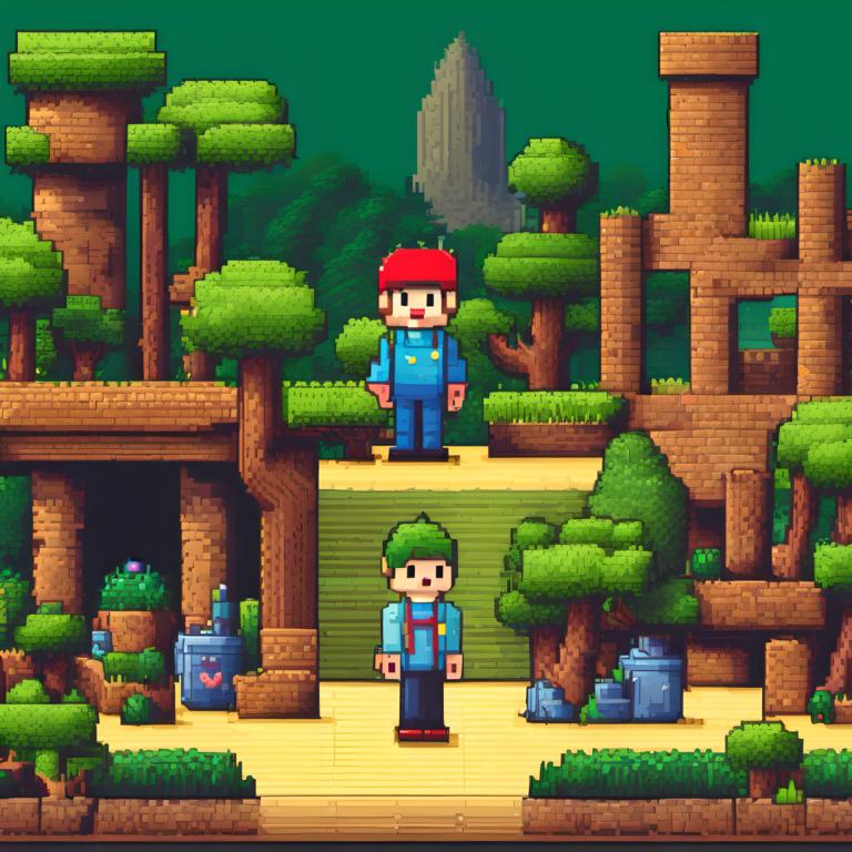 Pixel Art,Pixel Art, People, man, multiple boys, 2boys, mario, tree, plant, male focus, overalls, green hair