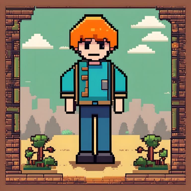 Pixel Art,Pixel Art, People, man, 1boy, solo, shirt, orange hair, male focus, black footwear, blue pants