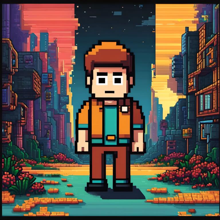 Pixel Art,Pixel Art, People, man, 1boy, male focus, solo, shirt, brown hair, standing, blue shirt, outdoors