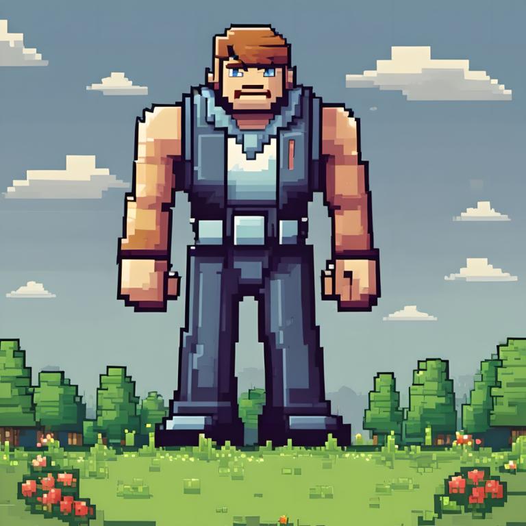 Pixel Art,Pixel Art, People, man, 1boy, male focus, solo, outdoors, cloud, grass, blue eyes, tree, standing