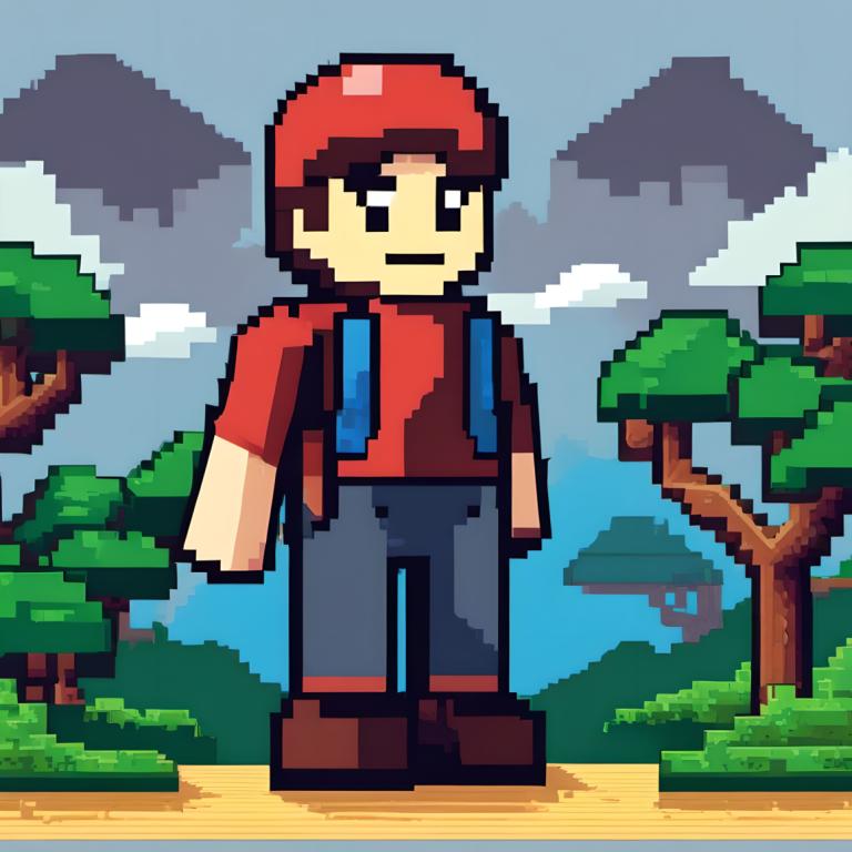 Pixel Art,Pixel Art, People, man, 1boy, male focus, red headwear, solo, shirt, hat, tree, backpack, red shirt