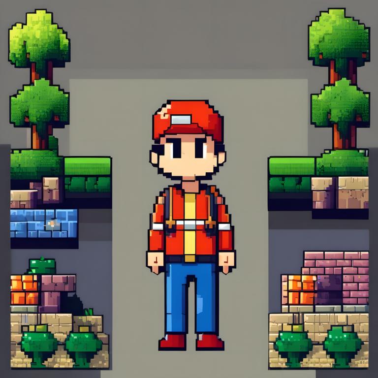 Pixel Art,Pixel Art, People, man, 1boy, male focus, solo, hat, shirt, tree, standing, pants, red headwear