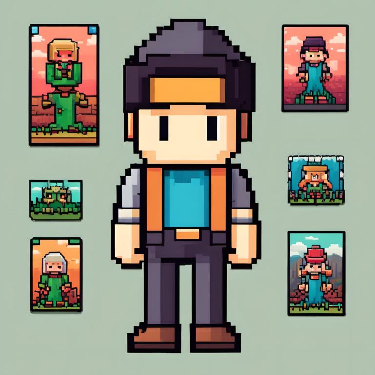 Pixel Art,Pixel Art, People, man, 1boy, brown footwear, standing, hat, grey background, pants, blue shirt