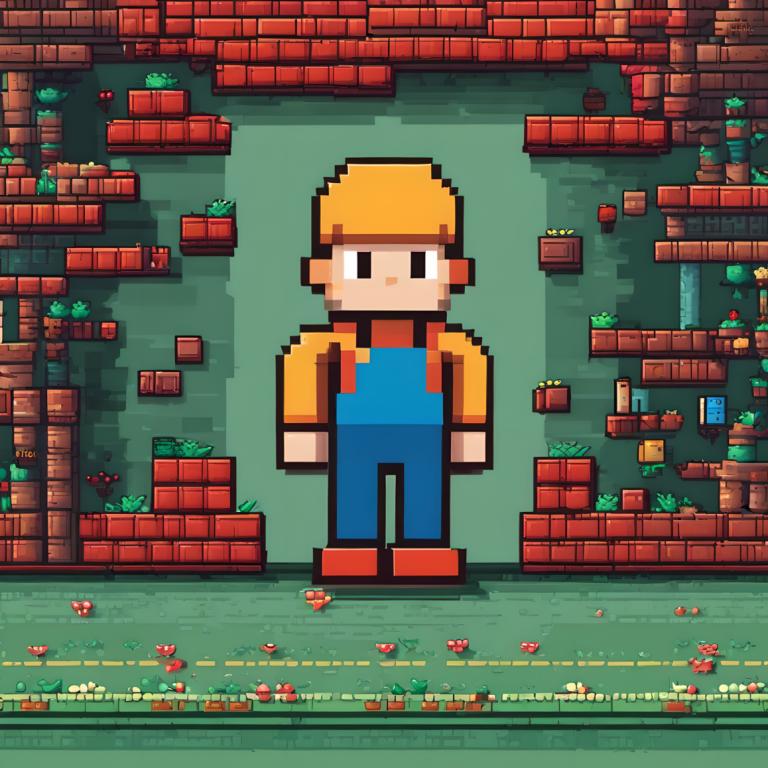 Pixel Art,Pixel Art, People, man, 1boy, solo, overalls, male focus, brick wall, brick, mario, plant, shirt