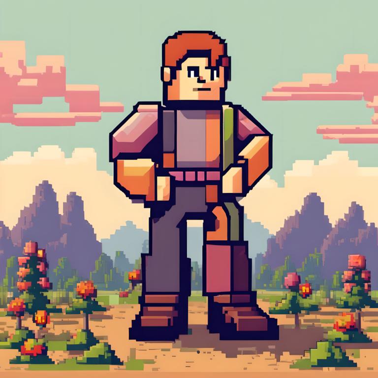 Pixel Art,Pixel Art, People, man, cloud, outdoors, 1boy, male focus, flower, hands on hips, sky, brown hair