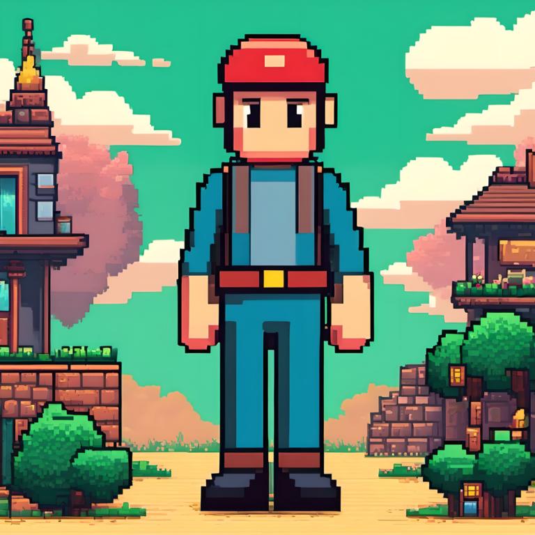 Pixel Art,Pixel Art, Ljudje, moški, 1 fant, moški fokus, na prostem, rdeče pokrivalo, solo, oblak, nebo, dan