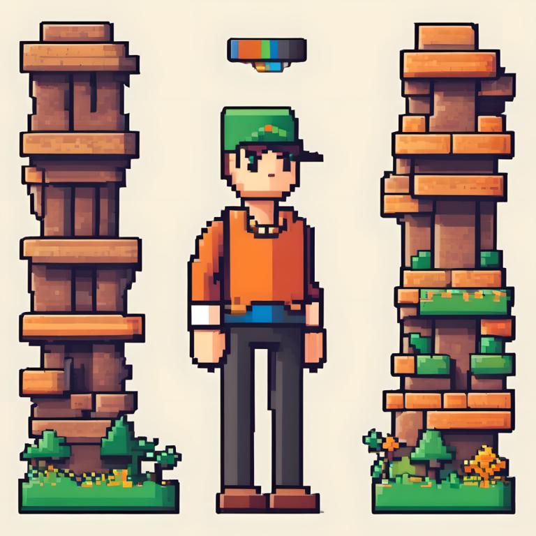 Pixel Art,Pixel Art, Mennesker, Mann, 1 gutt, hatt, mannlig fokus, solo, gress, skjorte, stående, bukser