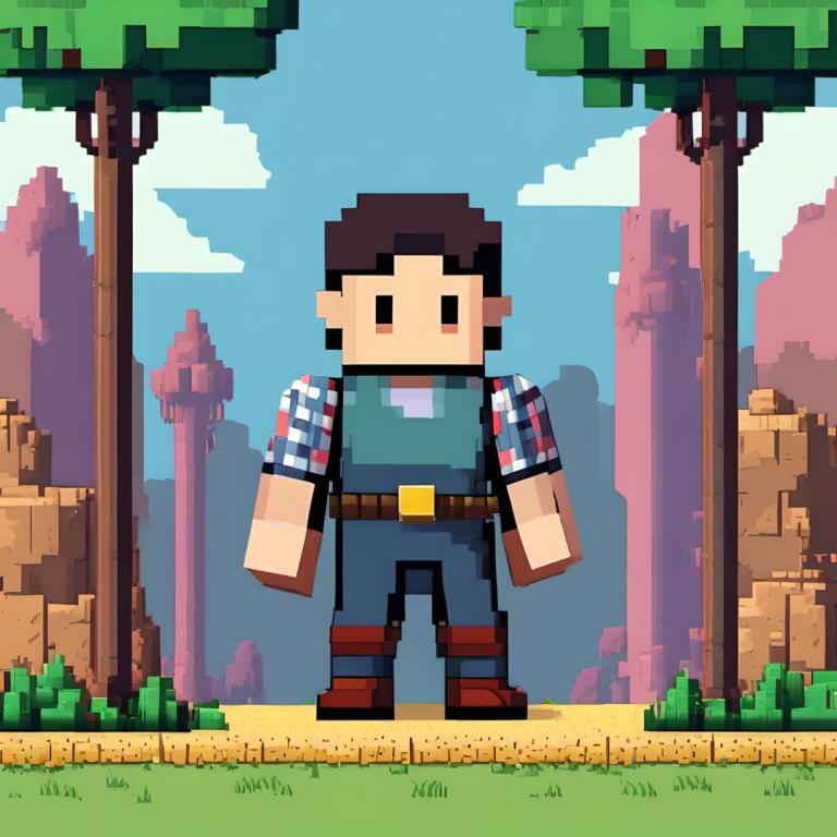 Pixel Art,Pixel Art, People, man, 1boy, male focus, solo, tree, outdoors, overalls, brown footwear, shirt