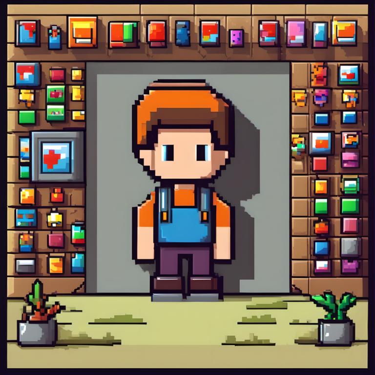 Pixel Art,Pixel Art, People, man, 1boy, male focus, solo, brown hair, shirt, overalls, brown footwear, plant