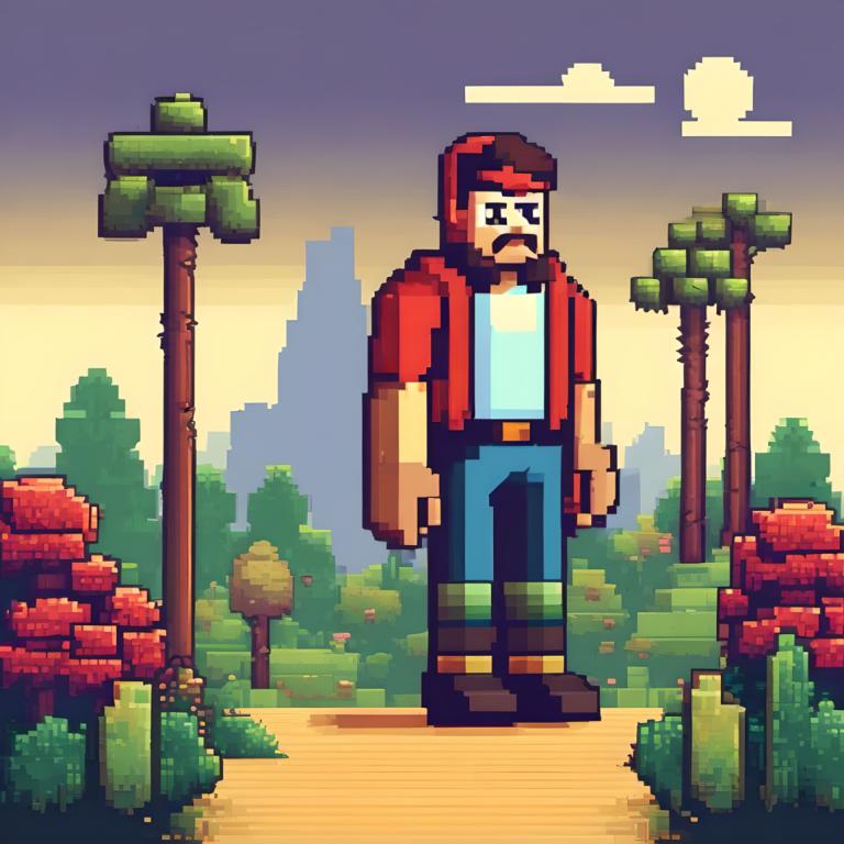 Pixel Art,Pixel Art, People, man, 1boy, male focus, solo, facial hair, brown footwear, tree, outdoors, shirt