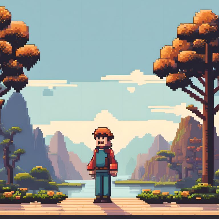 Pixel Art,Pixel Art, People, man, 1boy, male focus, outdoors, solo, tree, hat, mario, brown hair, day