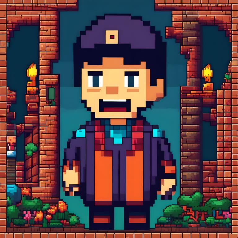 Pixel art,Pixel art, Personnes, homme, 1garçon, Poils, foyer masculin, solo, bouche ouverte, sourire, debout