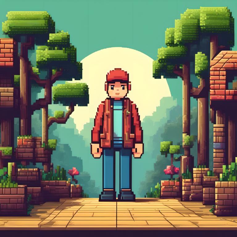 Pixel Art,Pixel Art, Ljudje, moški, 1 fant, solo, moški fokus, drevo, modre hlače, rdeče pokrivalo