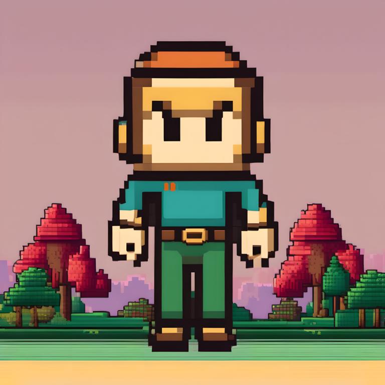 Pixel Art,Pixel Art, People, man, 1boy, male focus, solo, belt, tree, shirt, headphones, brown hair, grass