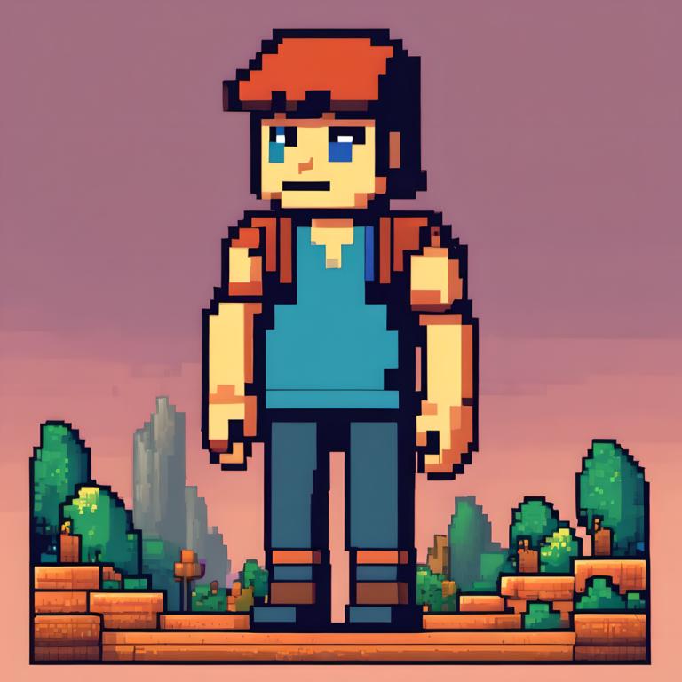 Pixel Art,Pixel Art, People, man, 1boy, male focus, solo, shirt, blue eyes, backpack, blue shirt, facial hair