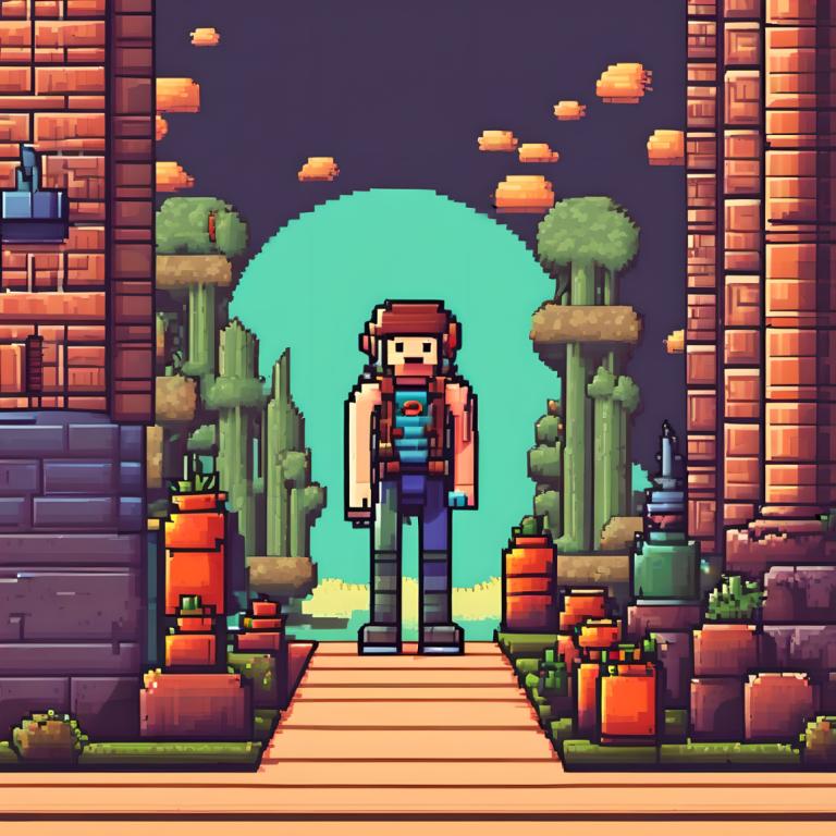 Pixel Art,Pixel Art, People, man, 1boy, male focus, solo, shirt, plant, brown hair, standing, mario, pants