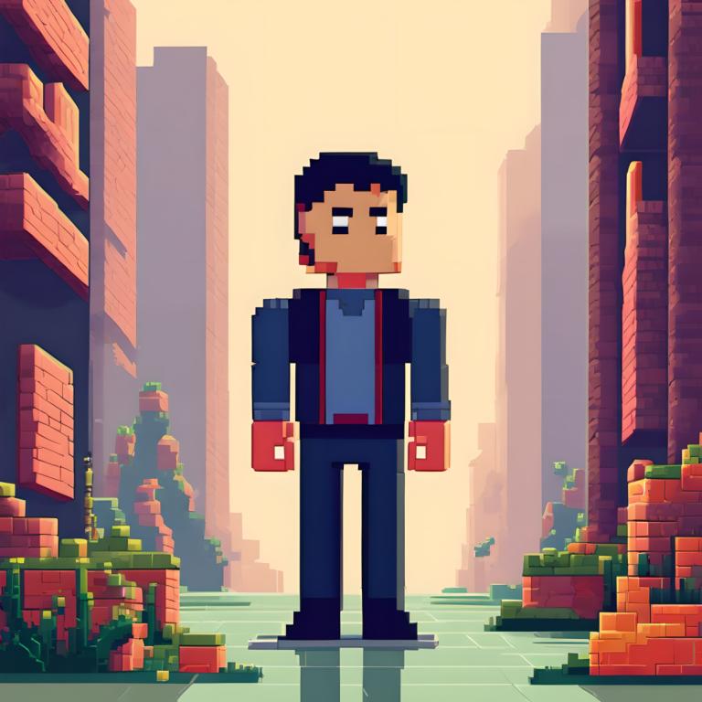 Pixel art,Pixel art, Personnes, homme, 1garçon, foyer masculin, solo, bâtiment, debout, cheveux noirs, veste