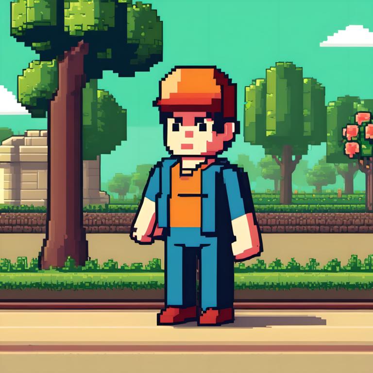 Pixel Art,Pixel Art, People, man, 1boy, male focus, solo, outdoors, hat, tree, red headwear, shirt, pants