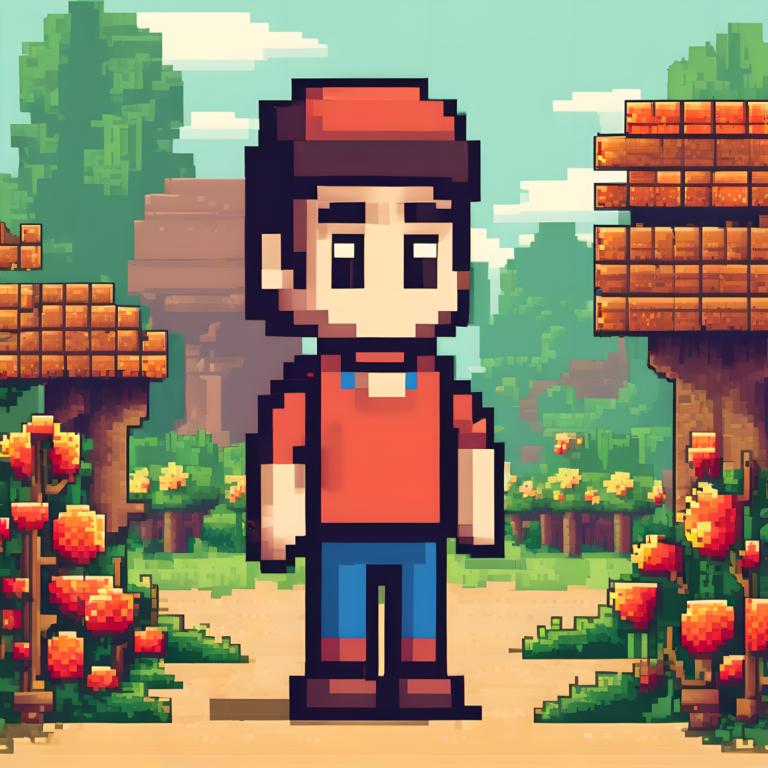 Pixel Art,Pixel Art, People, man, 1boy, male focus, shirt, solo, outdoors, flower, red shirt, day, hat