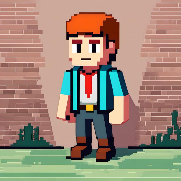 Pixel Art,Pixel Art, People, man, 1boy, brown footwear, male focus, solo, red necktie, outdoors, necktie