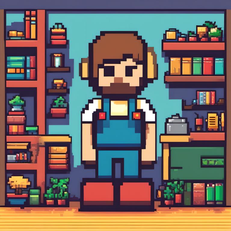 Pixel Art,Pixel Art, People, man, facial hair, 1boy, brown hair, solo, male focus, mustache, shelf, shirt