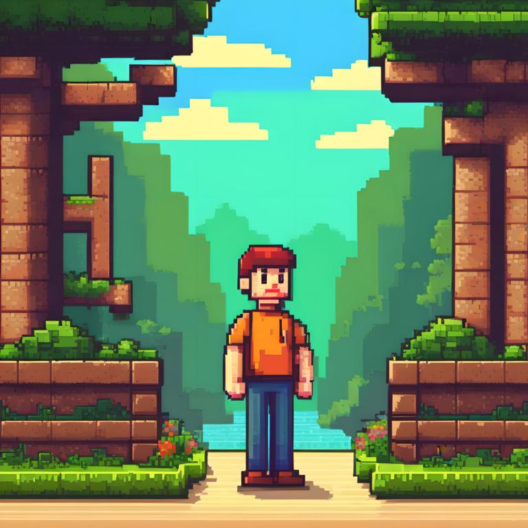 Pixel Art,Pixel Art, People, man, 1boy, male focus, outdoors, grass, solo, cloud, day, shirt, red headwear