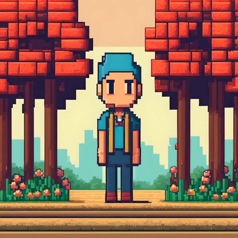 Pixel Art,Pixel Art, People, man, 1boy, male focus, solo, shirt, blue hair, flower, outdoors, standing