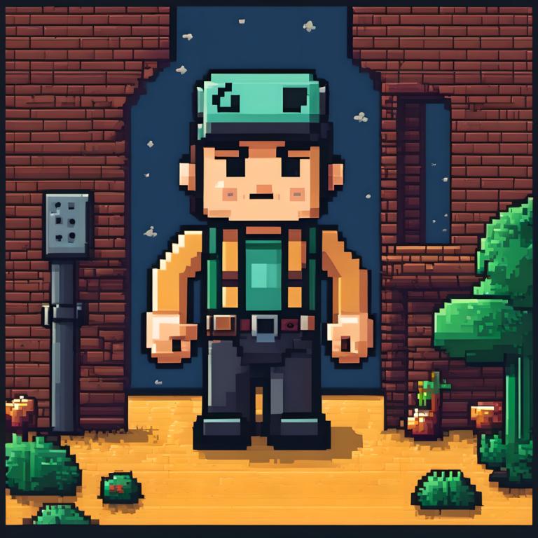 Pixel Art,Pixel Art, People, man, 1boy, male focus, hat, solo, belt, night, bush, black hair, outdoors, pants