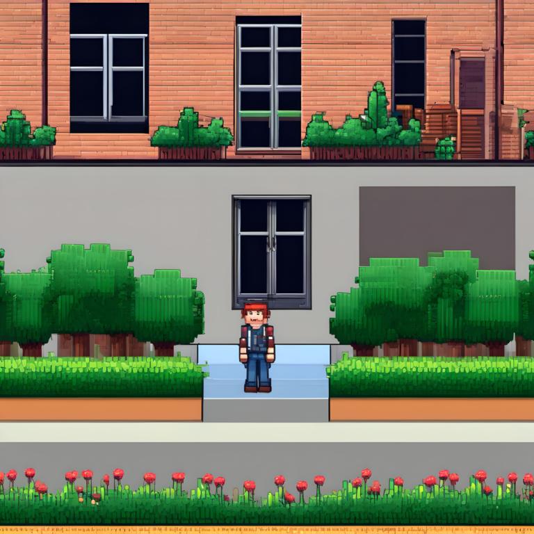 Pixel Art,Pixel Art, People, man, 1boy, window, male focus, overalls, solo, flower, tree, house, brown hair