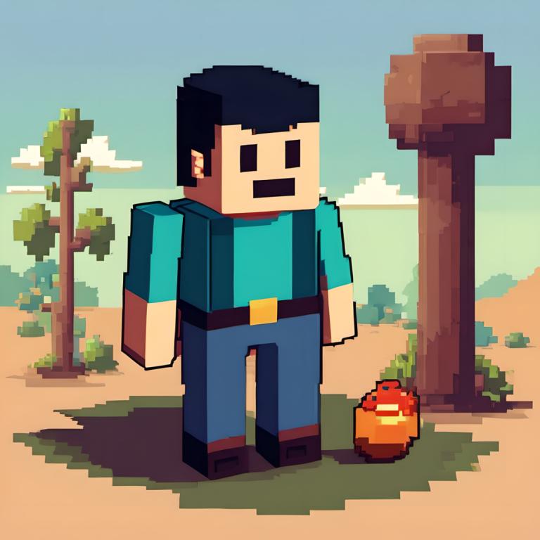 Pixel Art,Pixel Art, People, man, 1boy, male focus, outdoors, shirt, tree, black hair, day, blue shirt, sky