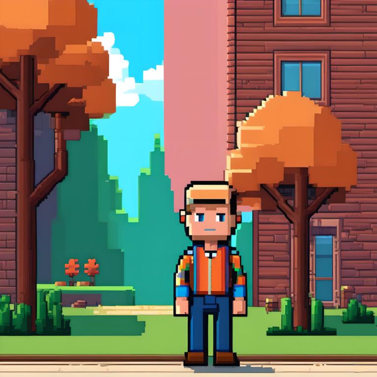 Pixel Art,Pixel Art, People, man, 1boy, male focus, outdoors, tree, solo, blue eyes, day, building, cloud