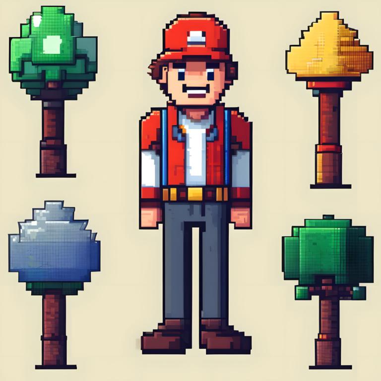 Pixel art,Pixel art, Personnes, homme, 1garçon, foyer masculin, chapeau, Mario, sourire, chaussures marron