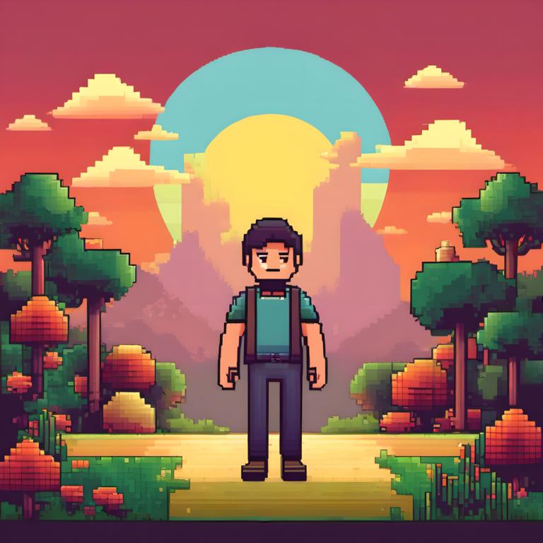 Pixel Art,Pixel Art, People, man, 1boy, male focus, solo, outdoors, tree, shirt, cloud, pants, black hair