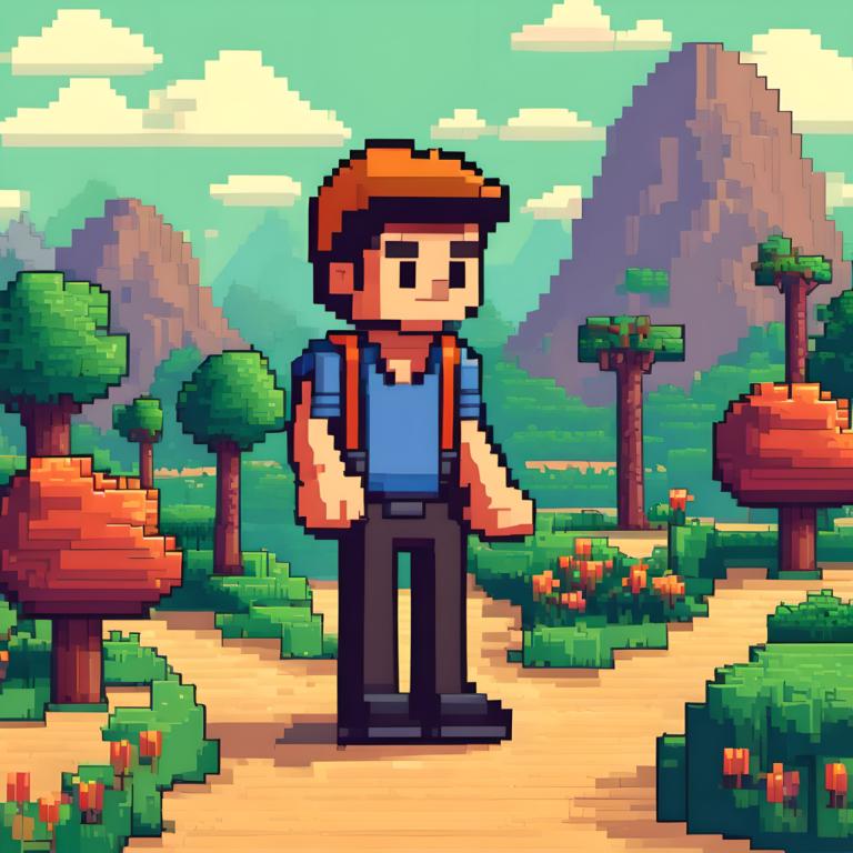 Pixel Art,Pixel Art, People, man, 1boy, male focus, outdoors, shirt, solo, blue shirt, cloud, pants, day