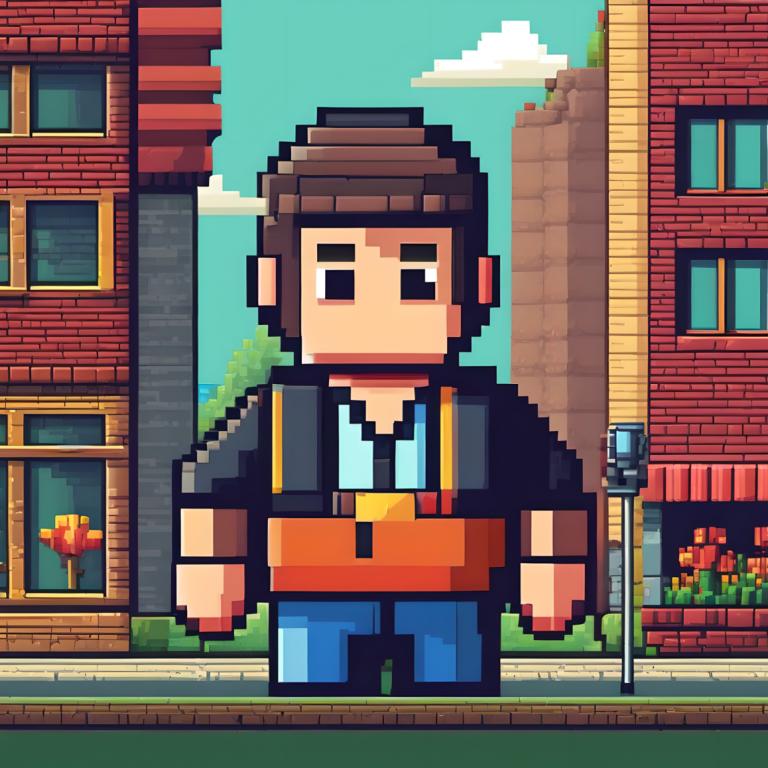 Pixel Art,Pixel Art, People, man, solo, male focus, 1boy, outdoors, brown hair, shirt, day, sky, short hair