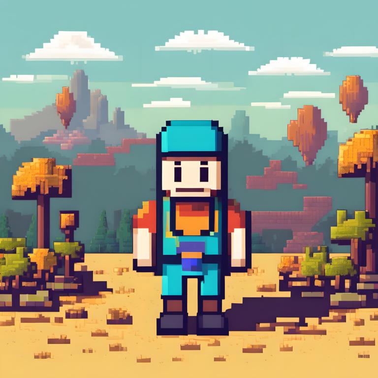 Pixel Art,Pixel Art, People, man, overalls, outdoors, male focus, solo, 1boy, cloud, tree, shirt, sky