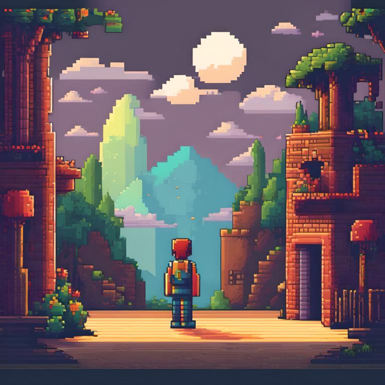 Pixel Art,Pixel Art, People, man, cloud, 1boy, backpack, hat, male focus, bag, outdoors, sky, moon